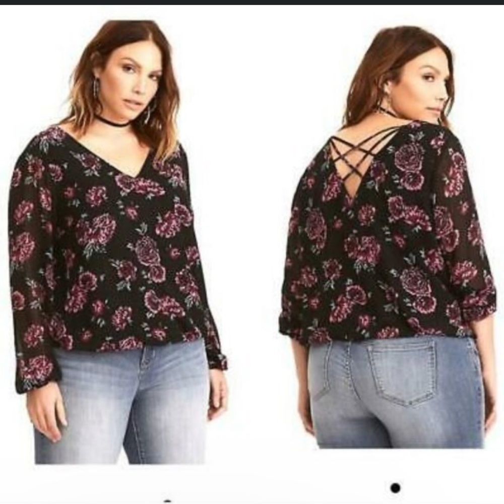 Torrid Black Pink Floral Chiffon Cage Crisscross Back Blouse Women’s Size 1X